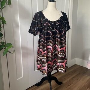 Manoush 💯 silk tunic sz 8 UK 10 black pink brown cloud whimsygoth artsy retro